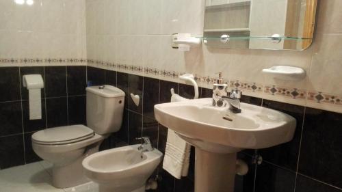 a bathroom with a sink and a toilet and a mirror at Apartamento junto al Duero en la Sierra de Urbión in Molinos de Duero