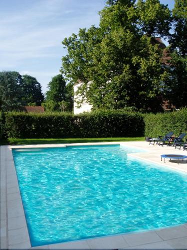 a large blue swimming pool with chairs and trees at Château De Matel in Roanne