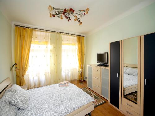 1 dormitorio con 1 cama, TV y ventana en Apartmán u Vřídla, ul. Tržiště. en Karlovy Vary