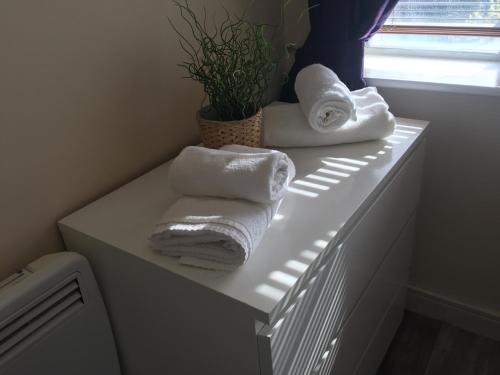 łazienka z ręcznikami na ladzie z oknem w obiekcie Dublin North Apartment w mieście Raheny