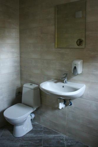 La salle de bains est pourvue de toilettes et d'un lavabo. dans l'établissement Guest House Central, à Kardjali
