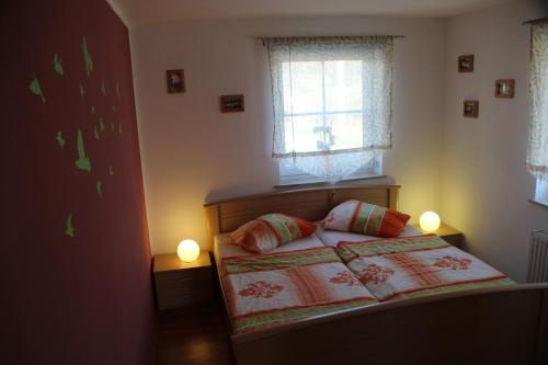1 dormitorio con 1 cama con 2 almohadas y ventana en Ferienwohnung am Erlermuhlenbach, en Voigtsdorf