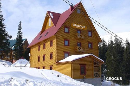 un grand bâtiment en bois dans la neige dans l'établissement Crocus, à Dragobrat
