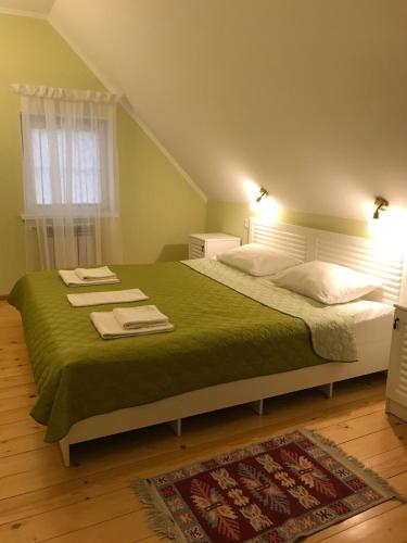 a bedroom with a large bed with a green blanket at New House in Petergof
