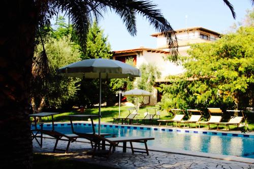 uma piscina com cadeiras, uma mesa e um guarda-sol em Tenuta Le Crie em Maglie