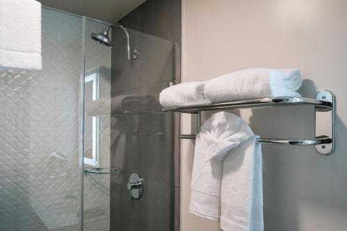 a bathroom with a shower with towels on a shelf at Hotel EPIK in San Francisco