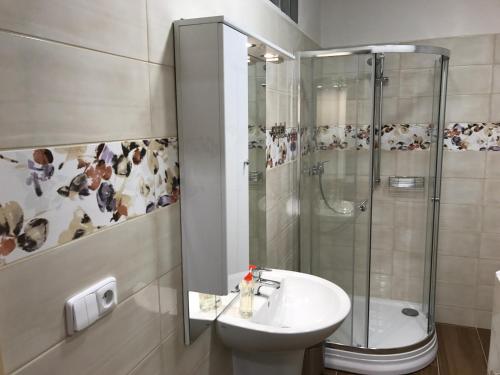 a bathroom with a shower and a sink and a toilet at DNM Inn in Koryčany