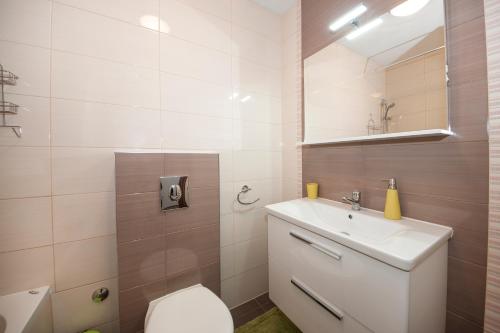 a bathroom with a toilet and a sink and a mirror at Apartments Meštrović with heated swiming pool- near Split in Kaštela