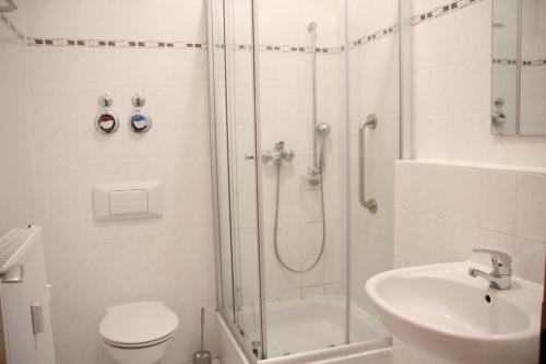 a bathroom with a shower and a toilet and a sink at Apartment am Zoo in Leipzig