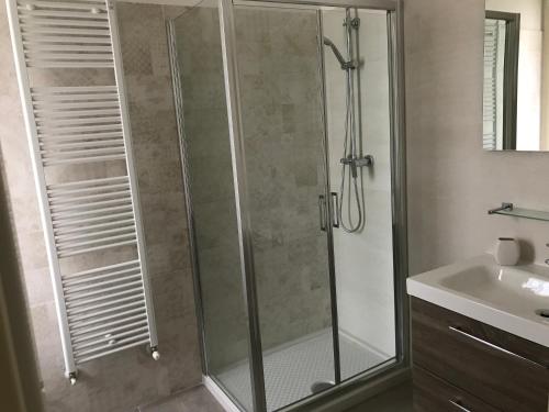 a shower with a glass door in a bathroom at Agriturismo La Rinaldina in Faenza