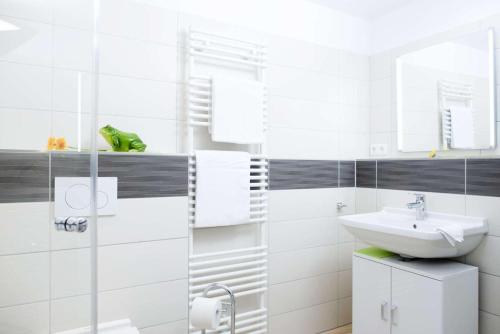 ein weißes Badezimmer mit einem Waschbecken und einem Spiegel in der Unterkunft Villa Meeresrauschen Wohnung 14 in Pelzerhaken