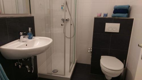 uma casa de banho com um lavatório, um chuveiro e um WC. em Cosy little apartment em Munique