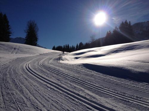 a snow covered road with the sun shining on it at Hotel Anneliese in Bad Hindelang