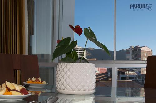 um vaso com uma planta em vasos sentada sobre uma mesa em Parque 5 em Cusco