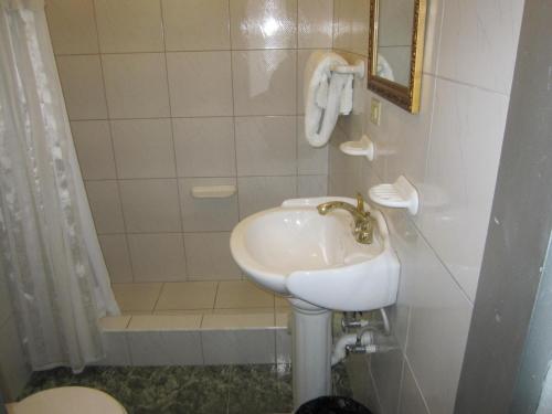 a small bathroom with a sink and a shower at Fairy Hill Palms in Port Antonio