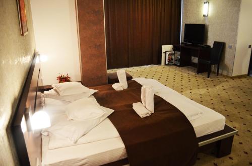 a hotel room with two beds with white pillows at Hotel Premier in Sibiu