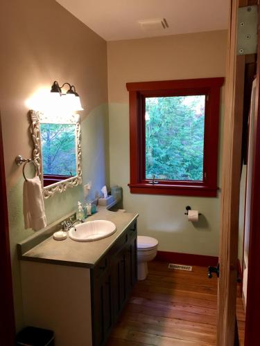 a bathroom with a sink and a toilet and a window at Sunshine Villa B&B in Madeira Park
