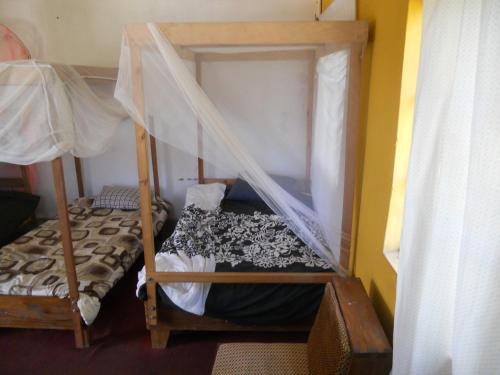 a bedroom with two bunk beds with mosquito nets at Masaka Backpackers, Tourists Cottage & Campsite in Masaka