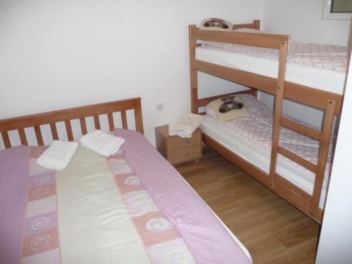 a bedroom with two bunk beds and a cat sitting on top at Etno domaćinstvo Milenković in Despotovac