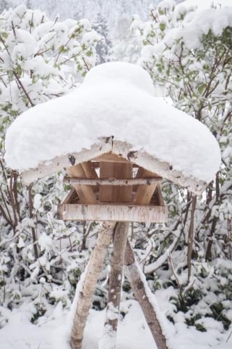 a snow covered bird feeder with snow on it at Pension Aloisia in Scheffau am Wilden Kaiser