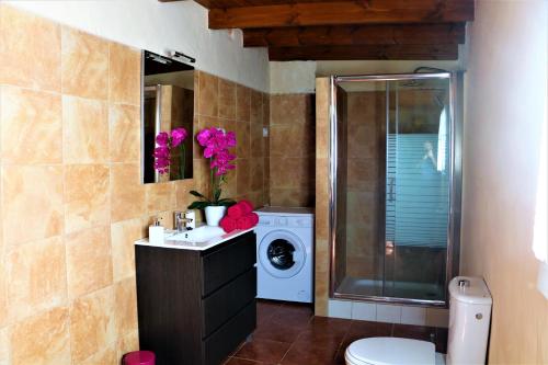 y baño con lavabo y lavadora. en Villa Abraham en Tefía