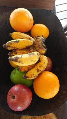 a bowl of fruit with bananas apples and oranges at Ulala Lodge in Murrébuè
