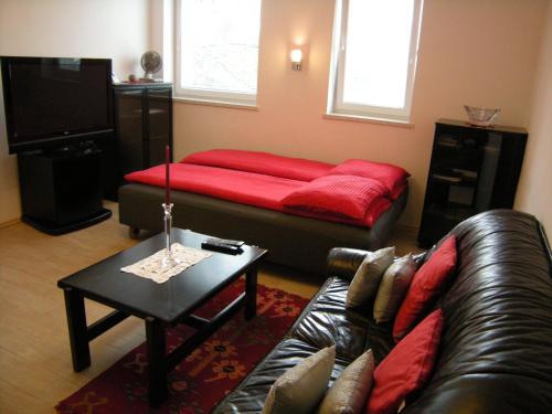 a living room with a couch and a coffee table at Vila Ema Apartments and Rooms in Ljubljana