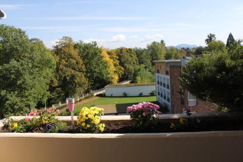a view of a garden with flowers on a balcony at MariaPrimaVera Apartment am Kurpark mit Schwarzwaldblick * * * * in Bad Krozingen