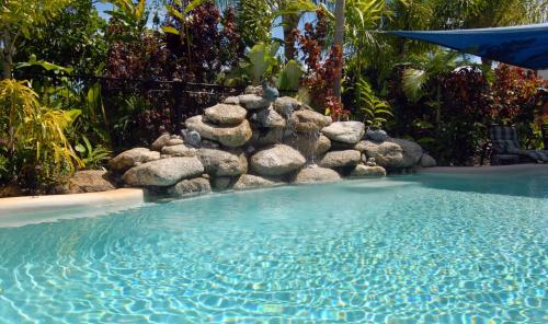 een zwembad met een rotswand in een tuin bij Mission Reef Resort in Mission Beach