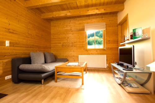 a living room with a couch and a television at Einfach.Ausspannen in Neumarkt im Mühlkreis