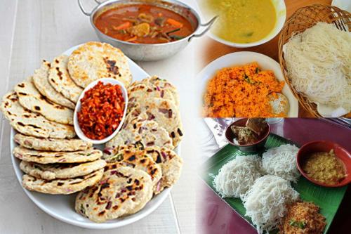a table with a plate of chapati and other foods at Mountain White Villa by Sunrise in Kandy