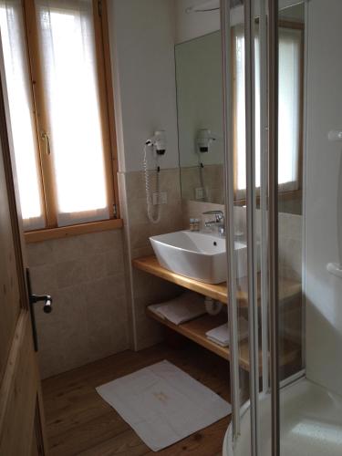 a bathroom with a sink and a shower at Meublè Cima Bianca Garni in Bormio