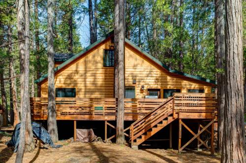 a log cabin in the middle of the forest at 2N Big Pine Lodge in Wawona