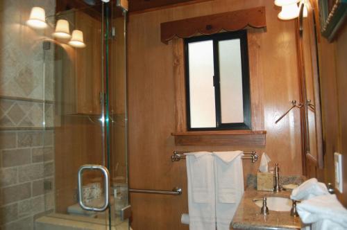 a bathroom with a shower and a sink and a window at 26 Deer Den in North Wawona