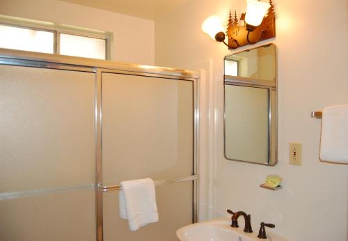 a bathroom with a shower and a sink at 78 Ox Yoke in Wawona