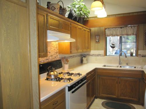 a kitchen with wooden cabinets and a stove top oven at 18A Pohono Pines in Wawona