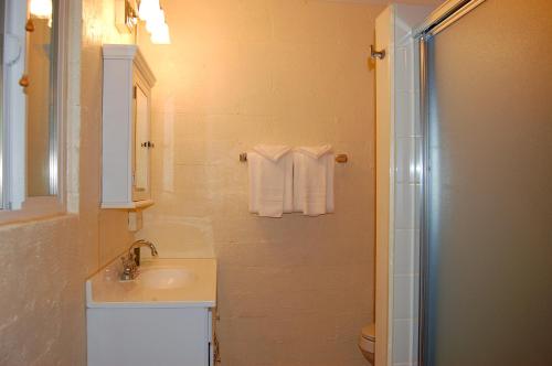 a bathroom with a sink and a shower with towels at 65 Sparrows Nest in Wawona