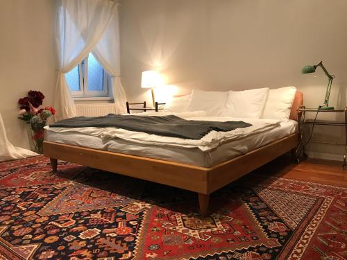 a bed in a bedroom with a rug and a window at Premarental Apartment 1 in Vienna