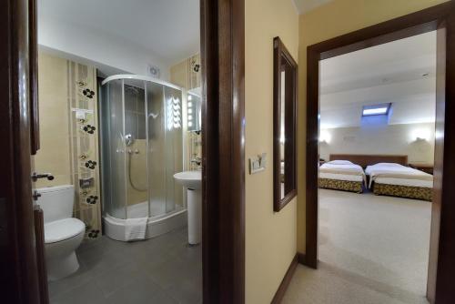 Hotel Prestige في بلغراد: حمام مع دش ومرحاض ومغسلة