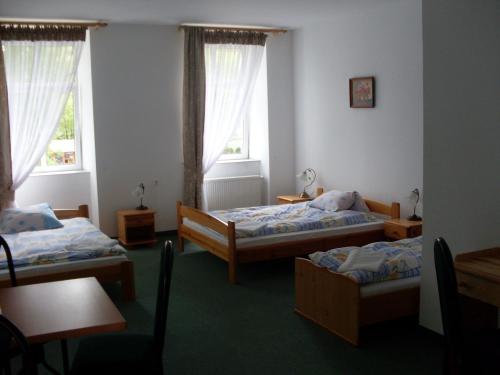 a bedroom with two beds and two windows at Hotel Krokus in Kamienna Góra