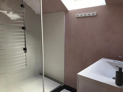 a bathroom with a glass shower and a sink at Gite Nature Loire et Châteaux 3* in Villandry