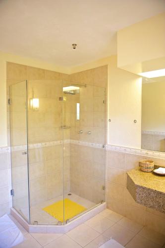 a shower with a glass door in a bathroom at The Great Rift Valley Lodge & Golf Resort in Naivasha