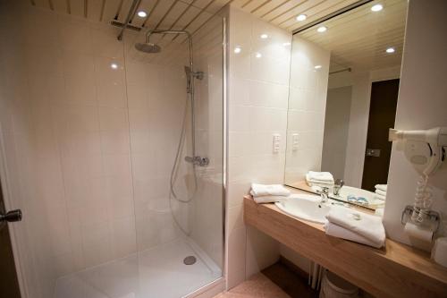 a bathroom with a shower and a sink at Kyriad Nemours in Nemours