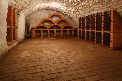 an empty cellar with wine racks in a building at Penzion Štybar in Stříbro
