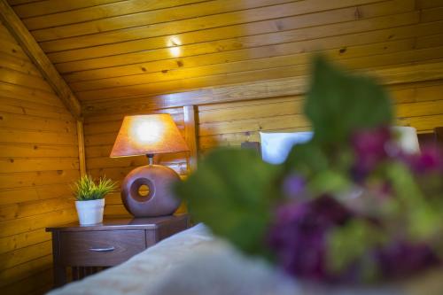 a bedroom with a bed with a lamp on a table at Ricky Chalet Near Troodos in Spilia