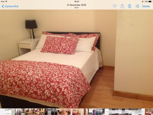 a bedroom with a bed with red pillows on it at Nky Apartment in London