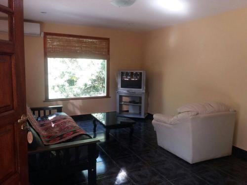 a living room with a white couch and a television at Cabañas Ronca Hue in Tandil