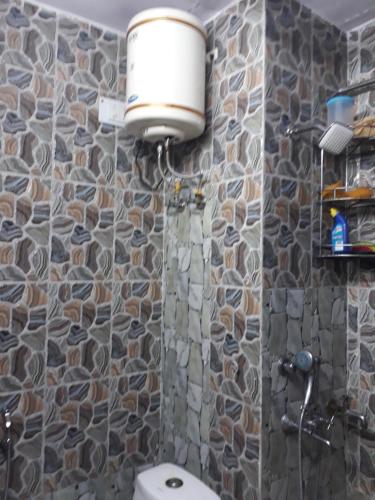 a bathroom with a toilet and a stone wall at Sufi Khandar Home Stay in New Delhi