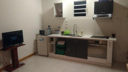 a small kitchen with a sink and a microwave at Les Alizés du Nord in Anse-Bertrand