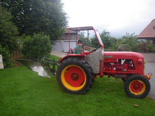 a boy driving a red tractor in a yard at Bühl 3 in Affoltern